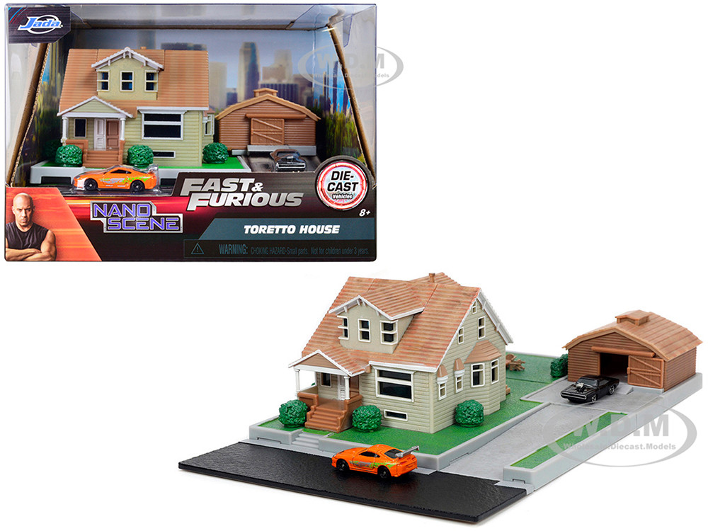 Toretto House Diorama with Dodge Charger Black and Toyota Supra Orange with Graphics "Fast and Furious" "Nano Scene" Series Models by Jada diecast model