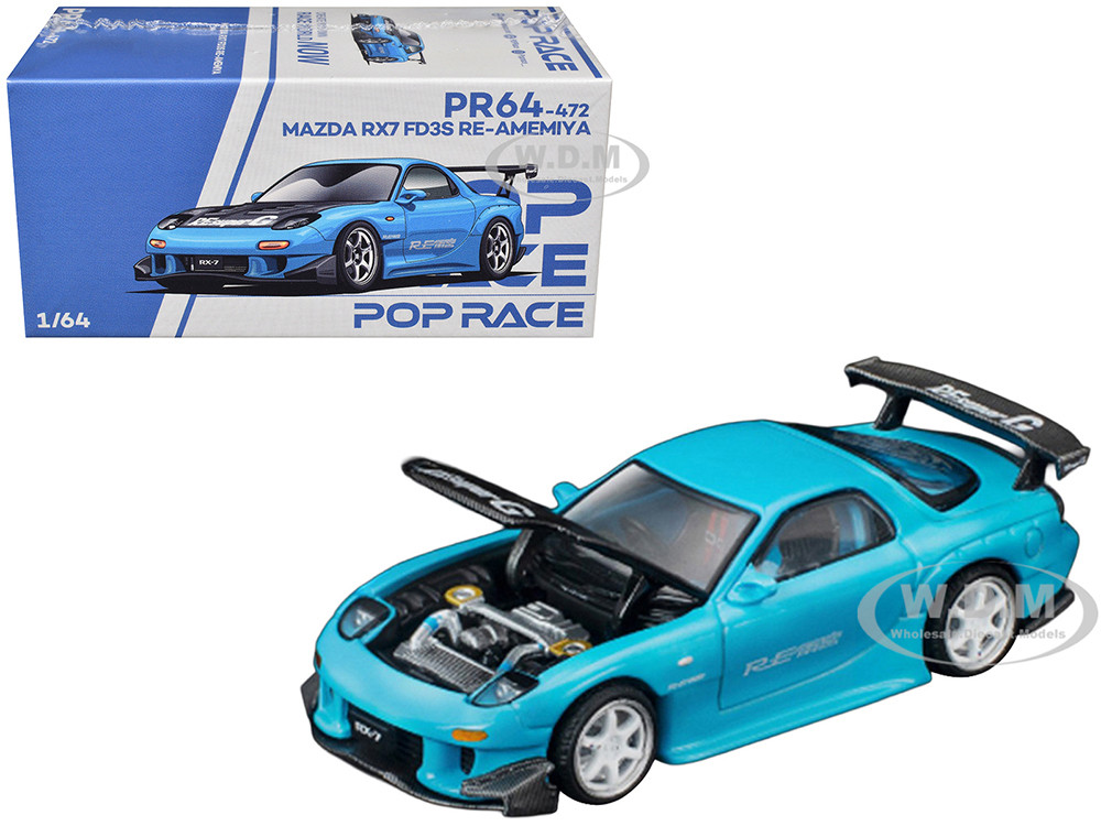 Mazda RX7 (FD3S) RE Amemiya RHD (Right Hand Drive) Light Blue with Carbon Hood "Tokyo Auto Salon 2026" 1/64 Diecast Model Car by Pop Race diecast model