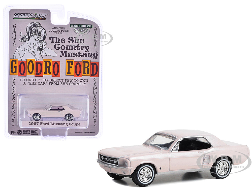 1967 Ford Mustang Coupe "She Country Special - Bill Goodro Ford, Denver, Colorado" Bermuda Sand "Hobby Exclusive" Series 1/64 Diecast Model Car by Greenlight diecast model