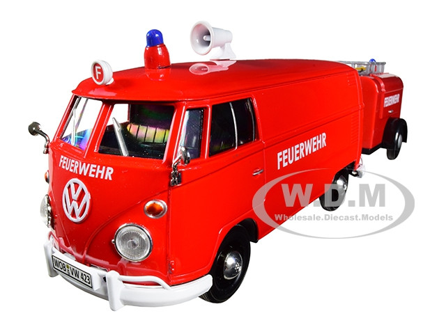 Volkswagen Type 2 (T1) Fire Van with Fire Fighting Trailer "Feuerwehr" Red 1/24 Diecast Model Car by Motormax diecast model