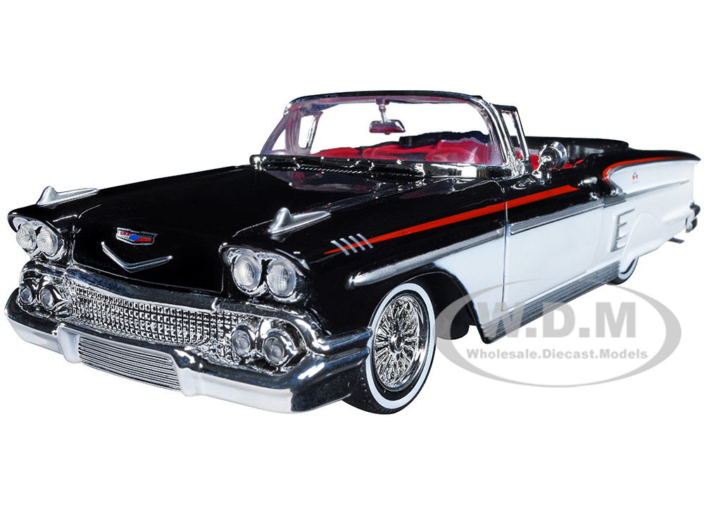 1958 Chevrolet Impala Convertible Lowrider Black and White with Red Interior "Get Low" Series 1/24 Diecast Model Car by Motormax diecast model