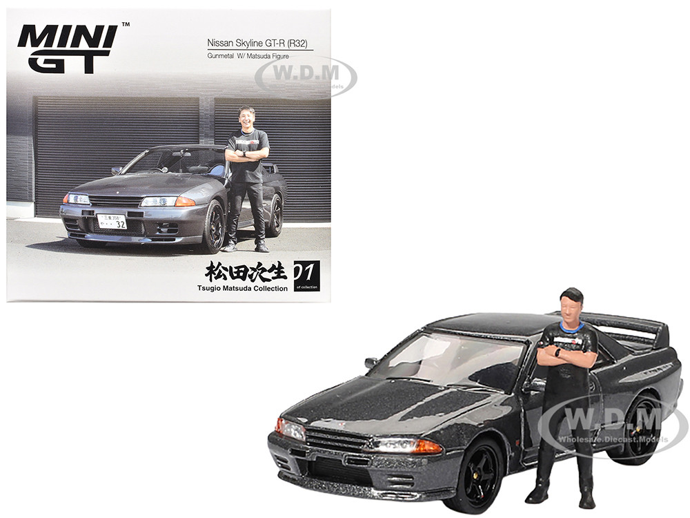 Nissan Skyline GT-R (R32) RHD (Right Hand Drive) Gunmetal Gray Metallic with Tsugio Matsuda Figure Limited Edition 1/64 Diecast Model Car by Mini GT diecast model