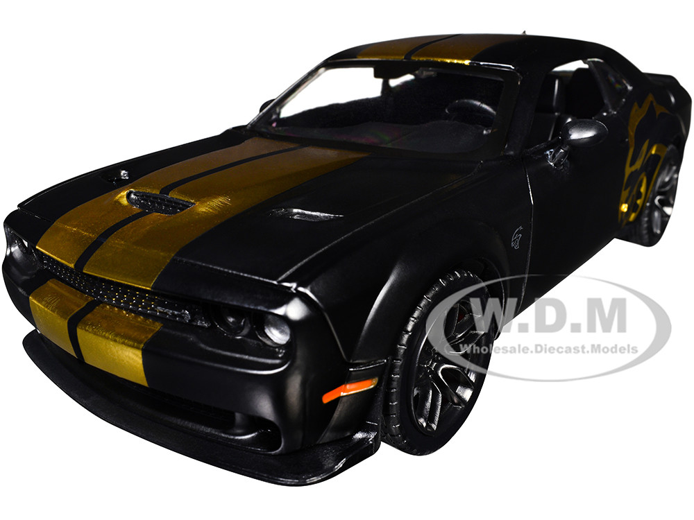 2018 Dodge Challenger SRT Hellcat Widebody Matt Black with Gold Stripes and Graphics "Midnight Eclipse" Series 1/24 Diecast Model Car by Motormax diecast model