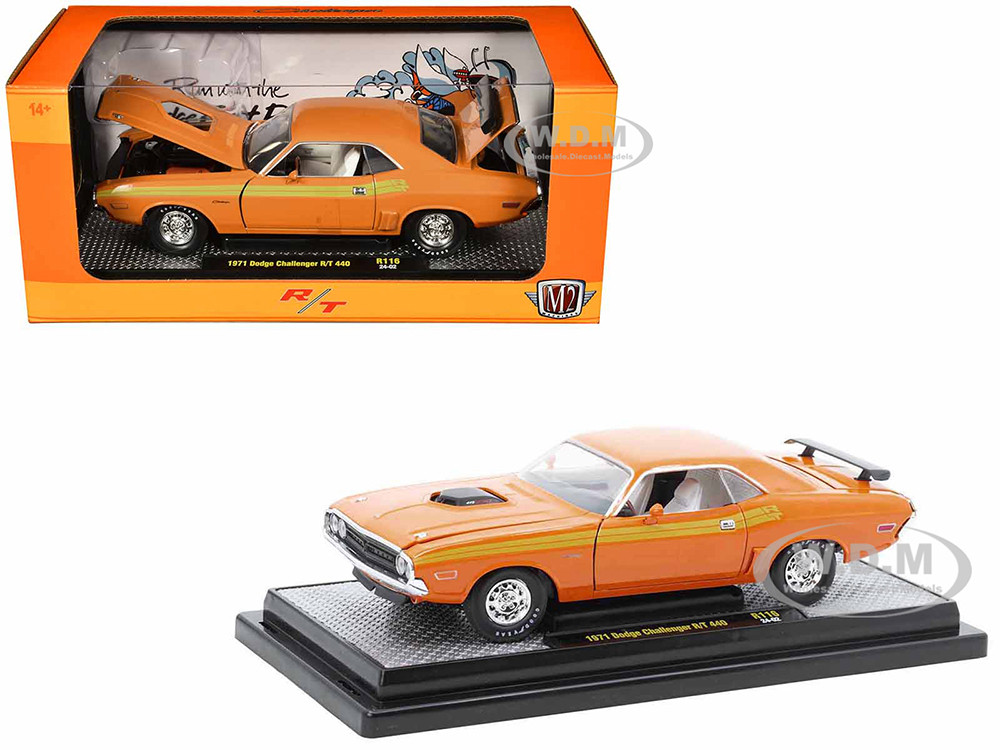 1971 Dodge Challenger R/T 440 Orange with Yellow Stripes and White Interior Limited Edition to 5250 pieces Worldwide 1/24 Diecast Model Car by M2 Machines diecast model
