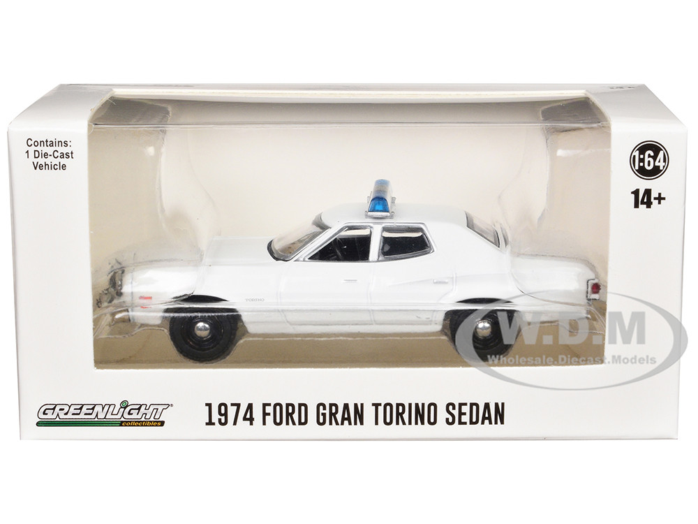 1974-1976 Ford Gran Torino Sedan Police Car White with Light Bar "Hot Pursuit - Hobby Exclusive" Series 1/64 Diecast Model Car by Greenlight diecast model