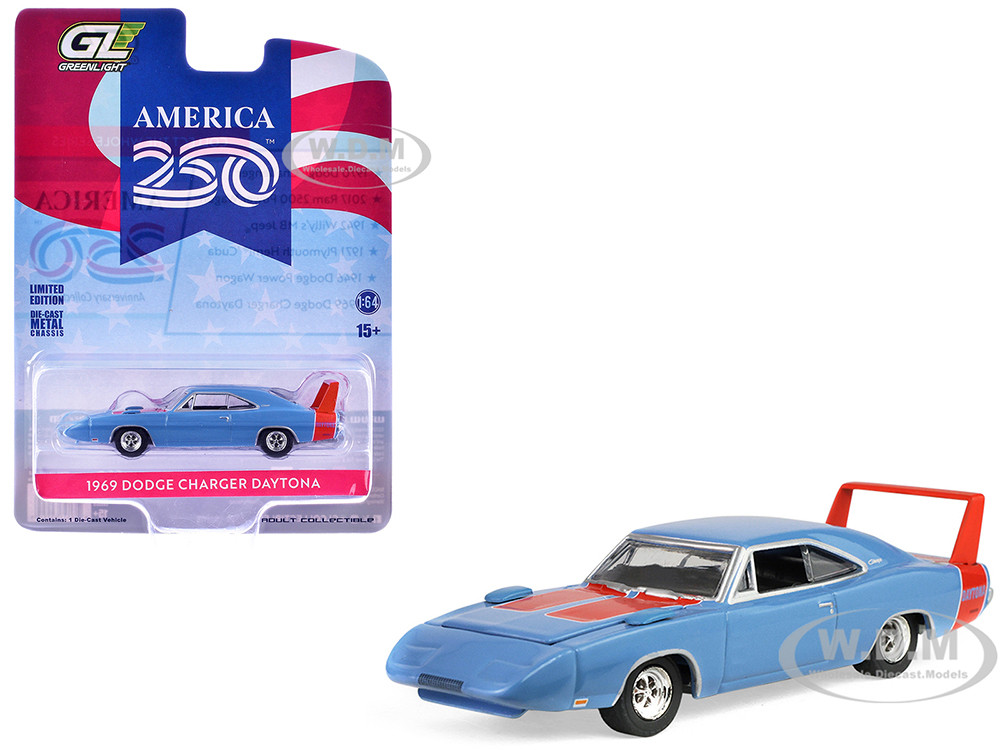 1969 Dodge Charger Daytona Blue with Red Stripes "America 250 Edition" "Anniversary Collection" Series 18 1/64 Diecast Model Car by Greenlight diecast model