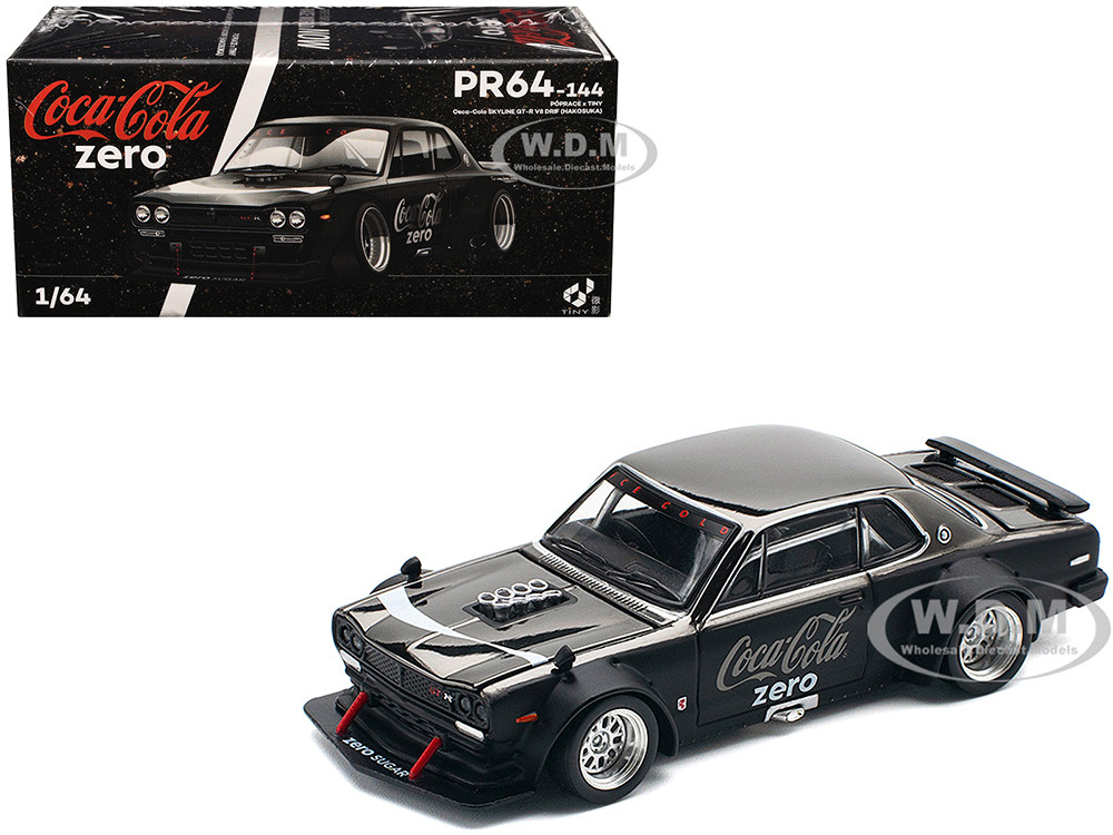 Skyline GT-R V8 Drift "Hakosuka" RHD (Right Hand Drive) "Coca-Cola Zero" Dark Chrome and Black 1/64 Diecast Model Car by Pop Race diecast model