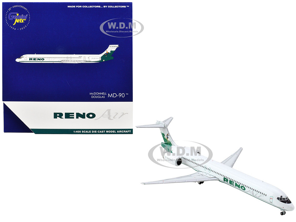 McDonnell Douglas MD-90 Commercial Aircraft "Reno Air" (N905RA) White with Green Tail 1/400 Diecast Model Airplane by GeminiJets diecast model