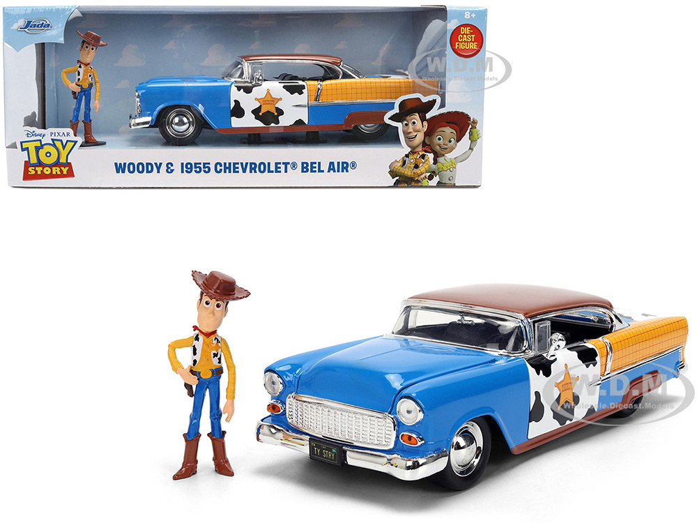 1955 Chevrolet Bel Air Blue with Graphics and Woody Diecast Figure "Toy Story" Franchise "Hollywood Rides" Series 1/24 Diecast Model Car by Jada diecast model