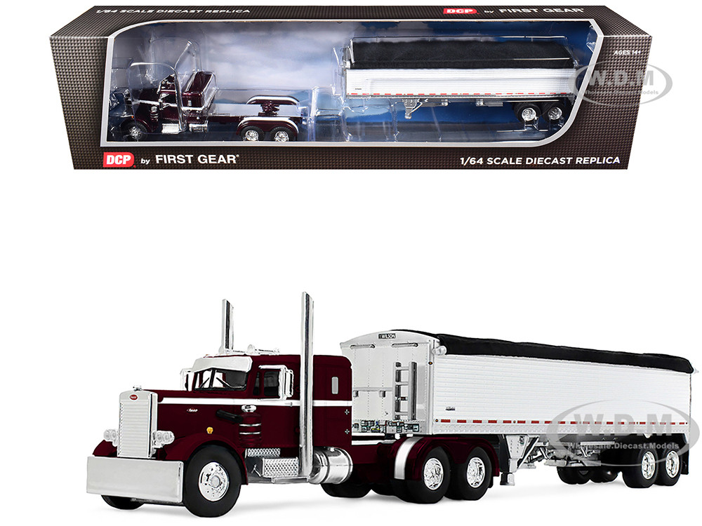 Peterbilt 351 with 36" Sleeper and 34' Wilson Pacesetter Grain Trailer Dark Cherry with White Stripes 1/64 Diecast Model by DCP/First Gear diecast model
