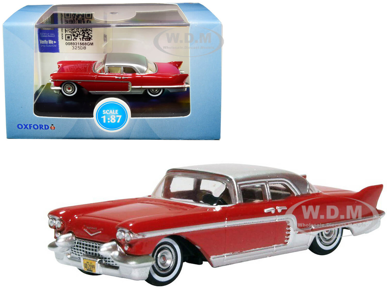 1957 Cadillac Eldorado Brougham Dakota Red with Silver Metallic Top 1/87 (HO) Scale Diecast Model Car by Oxford Diecast diecast model