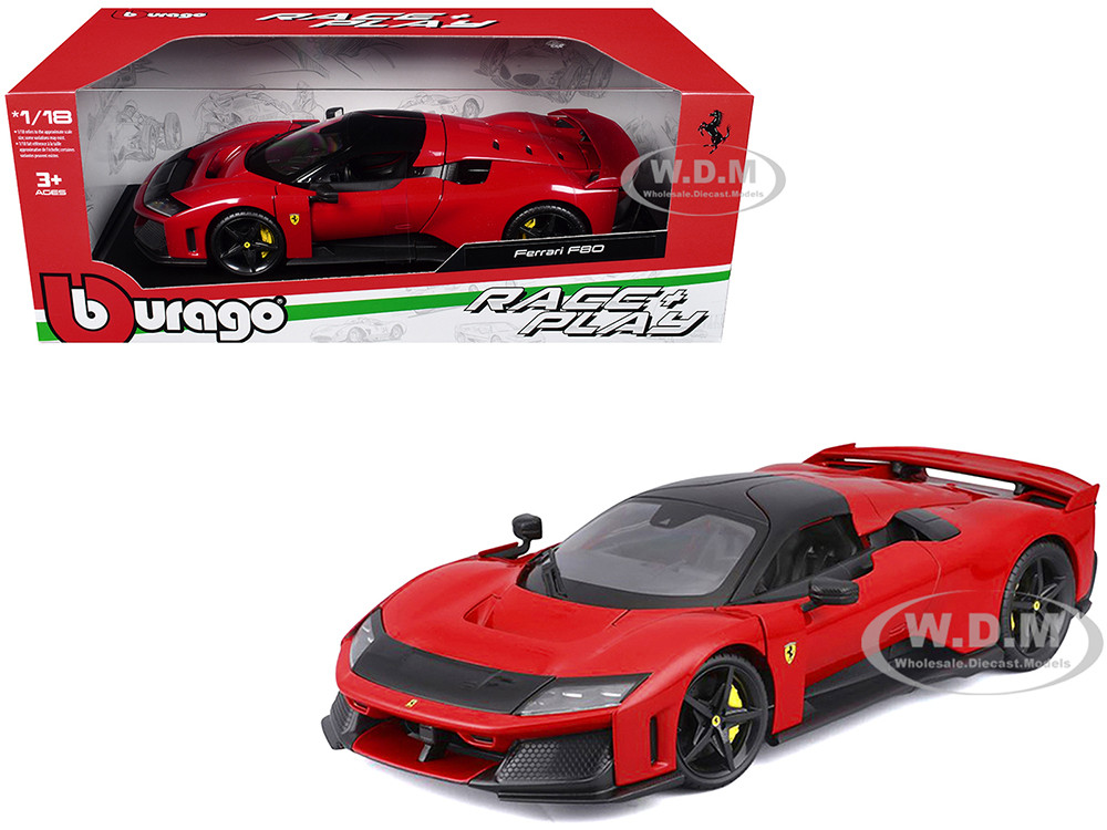 Ferrari F80 Red with Black Top "Race + Play" Series 1/18 Diecast Model Car by Bburago diecast model
