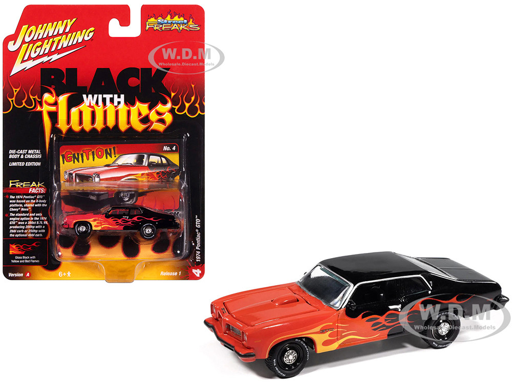 1974 Pontiac GTO Black and Red with Flame Graphics "Black with Flames" Series 1/64 Diecast Model Car by Johnny Lightning diecast model