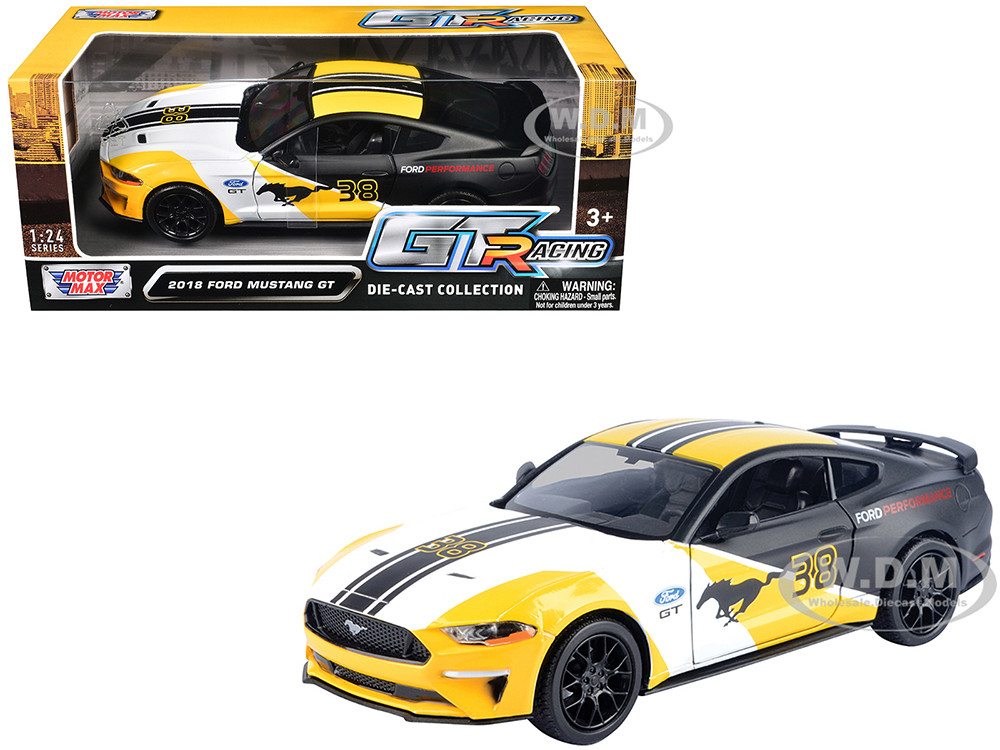 2018 Ford Mustang GT #38 White and Matt Black with Yellow Graphics "GT Racing" Series 1/24 Diecast Model Car by Motormax diecast model