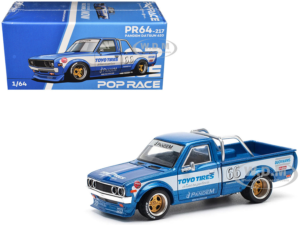 Datsun Pandem 620 Pickup Truck #66 Blue Metallic with White Stripes and Graphics 1/64 Diecast Model Car by Pop Race diecast model