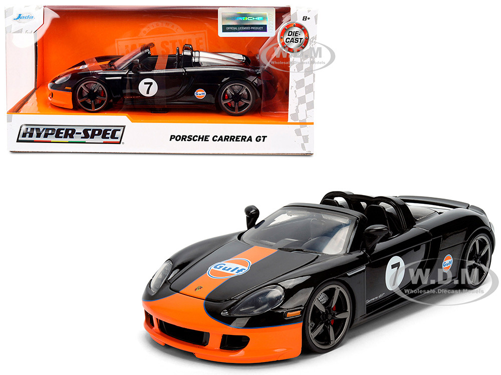 Porsche Carrera GT Convertible #7 "Gulf Oil" Black with Orange Graphics "Hyper-Spec" Series 1/24 Diecast Model Car by Jada diecast model