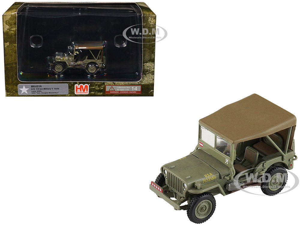 U.S. 1/4 ton Military Vehicle Olive Drab "Gen. Douglas MacArthur, Leyte, WWII" (1945) United States Army "Ground Power Series" 1/72 Diecast Model by Hobby Master diecast model
