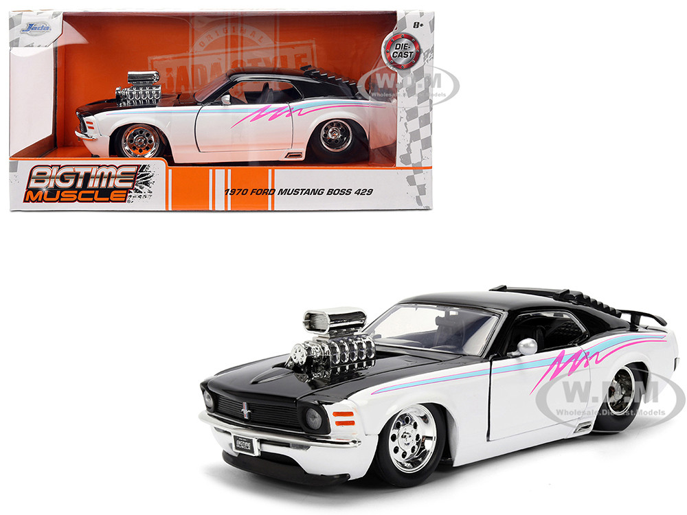 1970 Ford Mustang Boss 429 Black and White with Graphics "Bigtime Muscle" Series 1/24 Diecast Model Car by Jada diecast model