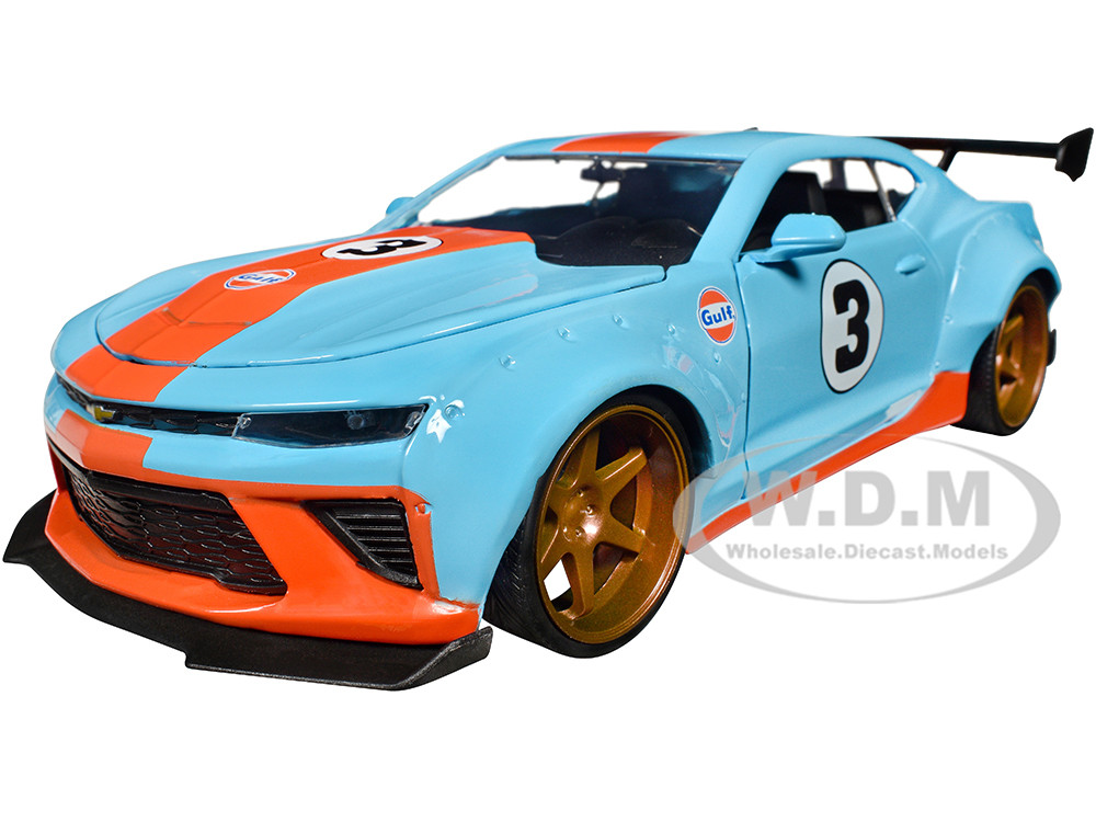 2016 Chevrolet Camaro Widebody #3 Light Blue with Orange Stripes "Gulf Oil" "Wide Body" Series 1/24 Diecast Model Car by Jada diecast model