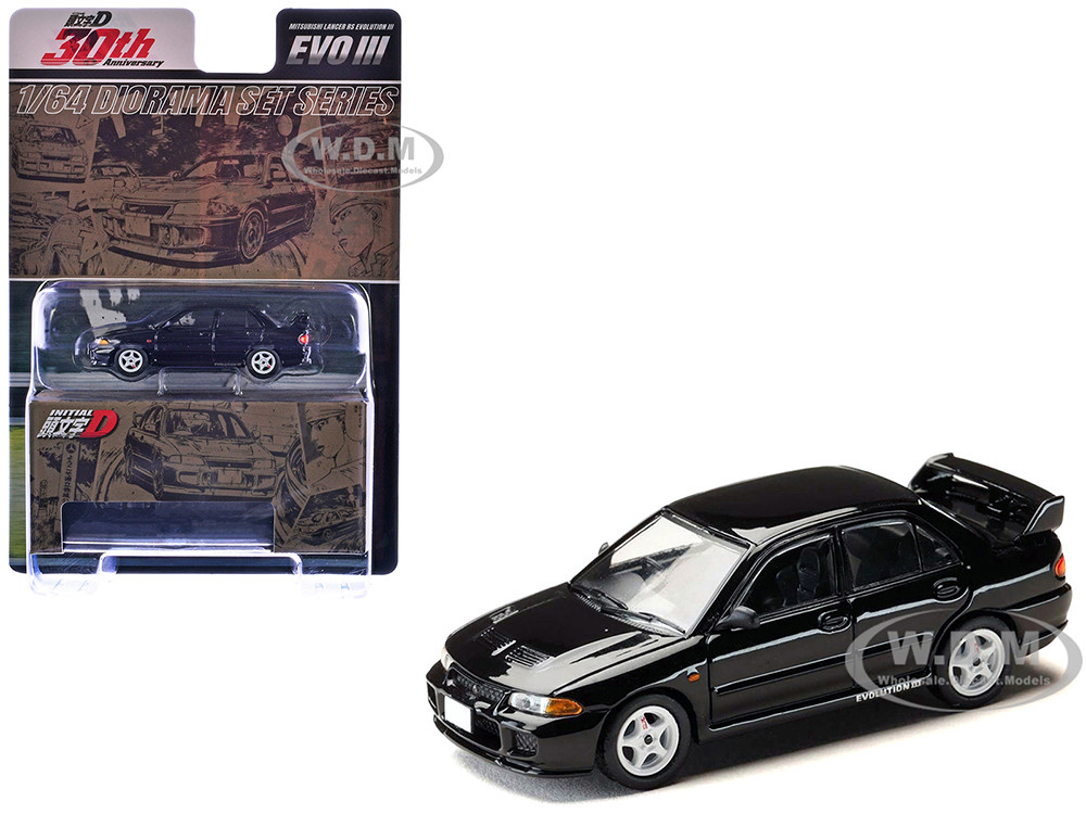 Mitsubishi Lancer RS Evolution III RHD (Right Hand Drive) Black "Initial D" (1995-2013) Manga "Diorama Set Series" 1/64 Diecast Model Car by Hobby Japan diecast model