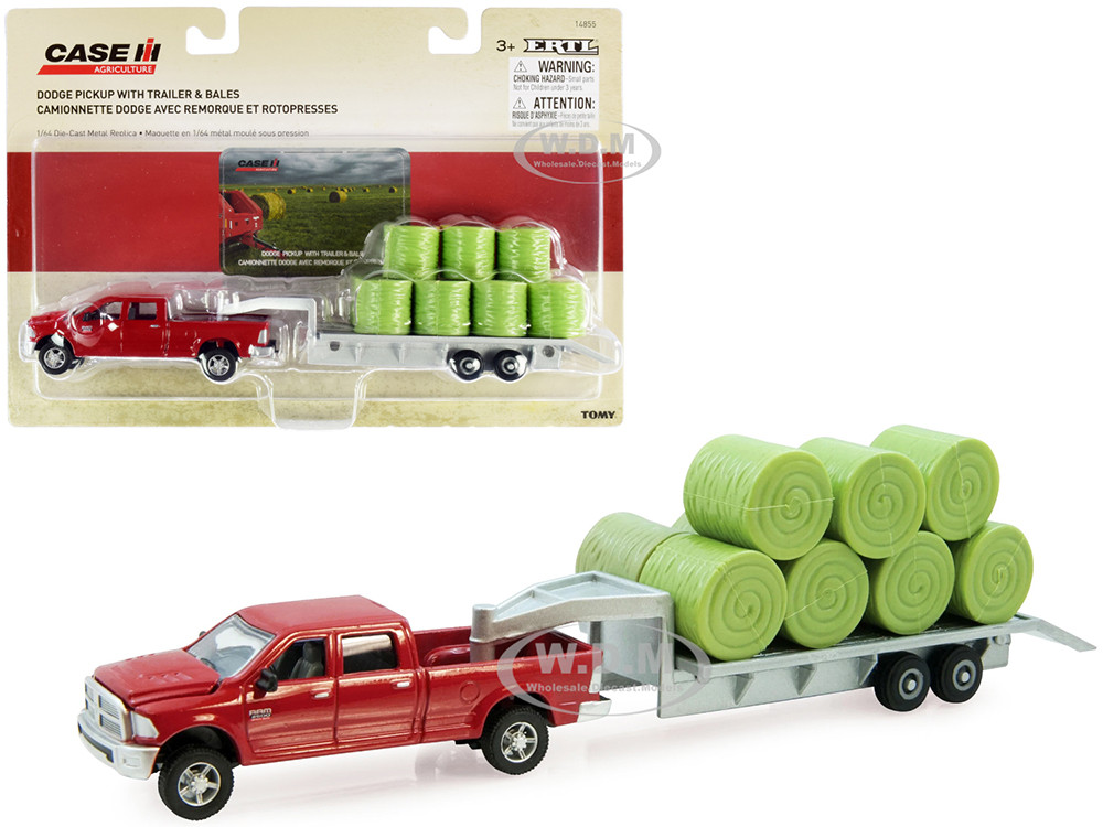 Dodge Ram 2500 Heavy Duty Pickup Truck Red with Flatbed Trailer Silver and 11 Hay Bales Set of 3 pieces "Case IH Agriculture" Series 1/64 Diecast Models by ERTL TOMY diecast model