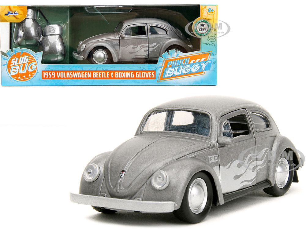 1959 Volkswagen Beetle Gray Metallic with Silver Flames and Boxing Gloves Accessory "Punch Buggy" Series 1/32 Diecast Model Car by Jada diecast model