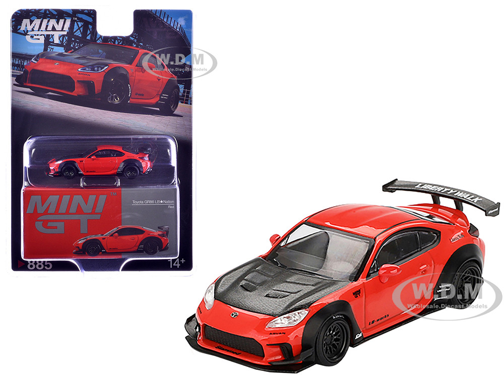 Toyota GR86 "LB-Nation - Liberty Walk" Red with Carbon Hood Limited Edition 1/64 Diecast Model Car by Mini GT diecast model