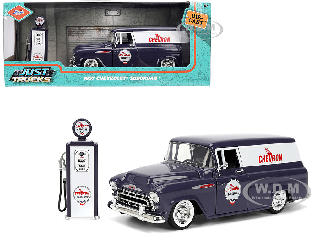 1957 Chevrolet Suburban "Chevron" Dark Blue with White Stripes and Chevron Gas Pump "Just Trucks" Series 1/24 Diecast Model Car by Jada diecast model
