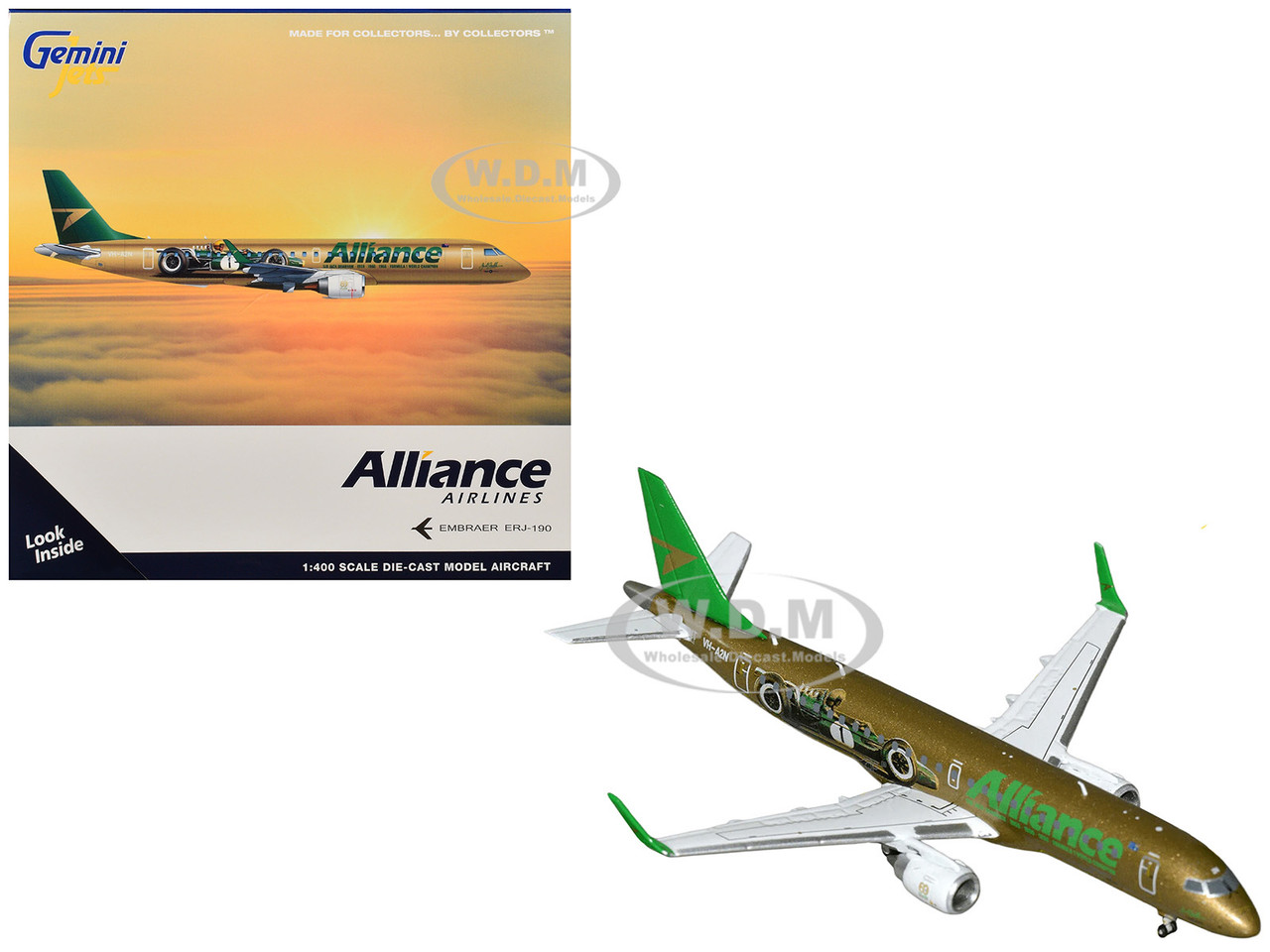 Embraer ERJ-190 Commercial Aircraft "Alliance Airlines - Sir Jack Brabham" (N7620U) Gold Metallic with Graphics 1/400 Diecast Model Airplane by GeminiJets diecast model
