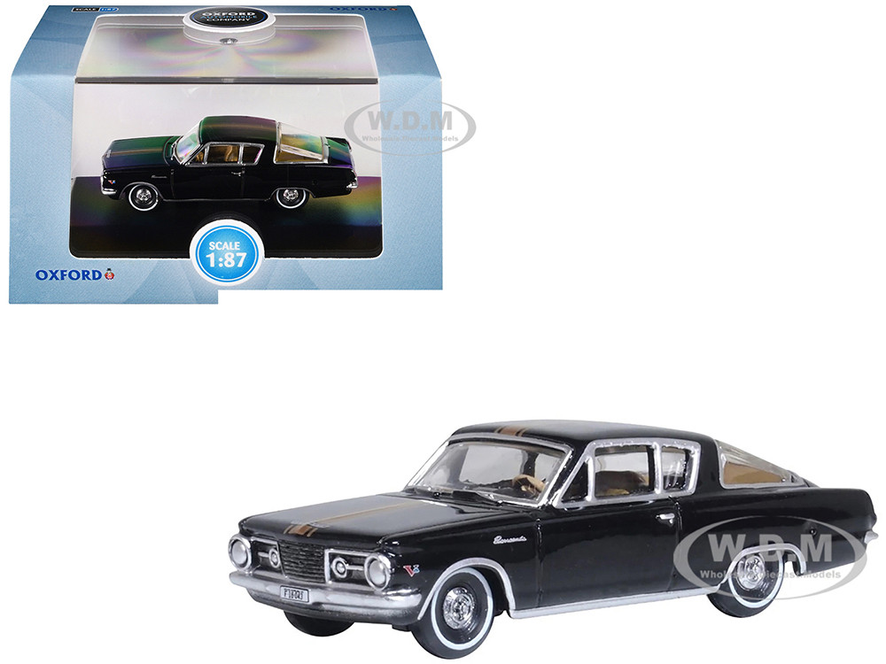 1965 Plymouth Barracuda Black with Gold Stripes 1/87 (HO) Scale Diecast Model Car by Oxford Diecast diecast model