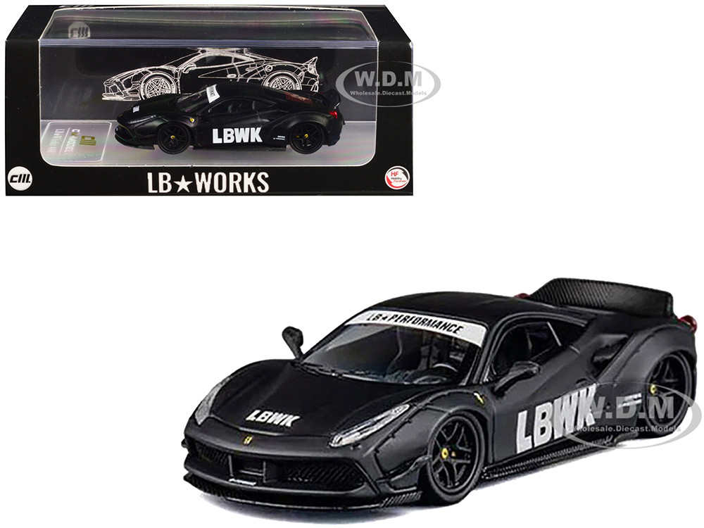 LB Works 488 "LBWK" Matt Black 1/64 Diecast Model Car by CM Model diecast model