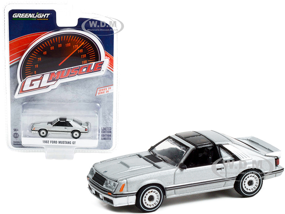 1982 Ford Mustang GT 5.0 Silver Metallic with Black Stripes "Greenlight Muscle" Series 26 1/64 Diecast Model Car by Greenlight diecast model