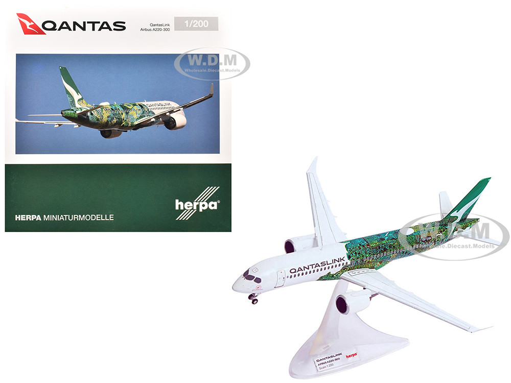Airbus A220-300 Commercial Aircraft "QantasLink Flying Art Series - Minyma Kutjara Tjukurpa" (VH-X4A) White with Green Graphics 1/200 Diecast Model Airplane by Herpa diecast model