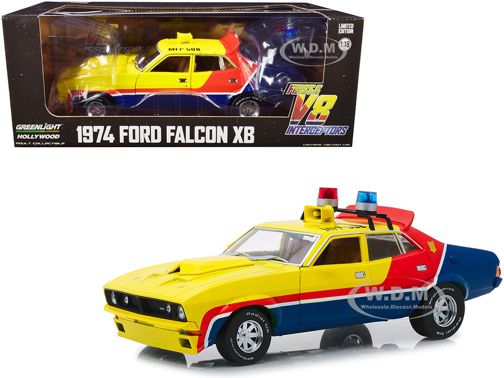 1974 Ford Falcon XB 4-Door Sedan RHD (Right Hand Drive) Yellow and Blue with Red Stripes "MFP 508" "First of the V8 Interceptors" (1979) Movie 1/18 Diecast Model Car by Greenlight diecast model