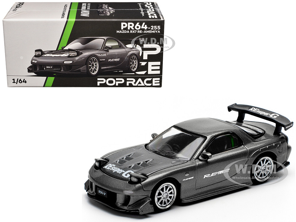 Mazda RX7 (FD) "RE Amemiya" Widebody RHD (Right Hand Drive) Gunmetal Gray Metallic with Carbon Hood 1/64 Diecast Model Car by Pop Race diecast model