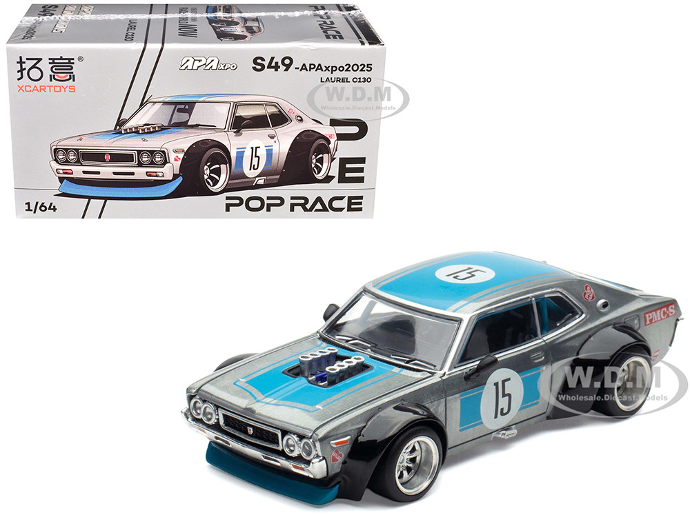 Datsun Laurel C130 RHD (Right Hand Drive) #15 Raw Metal with Blue Stripes "APA XPO 2025 Exclusive" 1/64 Diecast Model Car by Pop Race diecast model