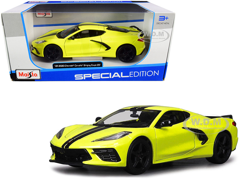 2020 Chevrolet Corvette Stingray Z51 Coupe Yellow with Black Stripes 1/24 Diecast Model Car by Maisto diecast model
