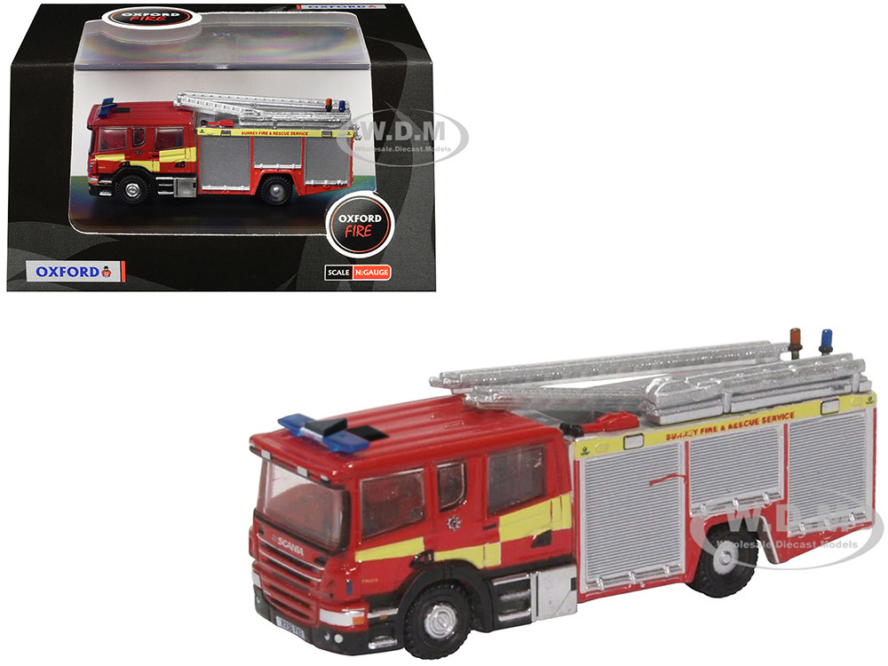 Scania Pump Ladder Fire Engine "Surrey Fire and Rescue" Red with Yellow Stripes 1/148 (N) Scale Diecast Model Car by Oxford Diecast diecast model