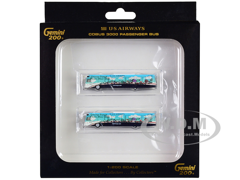 Cobus 3000 Passenger Bus White and Blue with Graphics "US Airways Shuttle Bus - Greener Transit" 2 Piece Set "Gemini 200" Series Diecast Models by GeminiJets diecast model