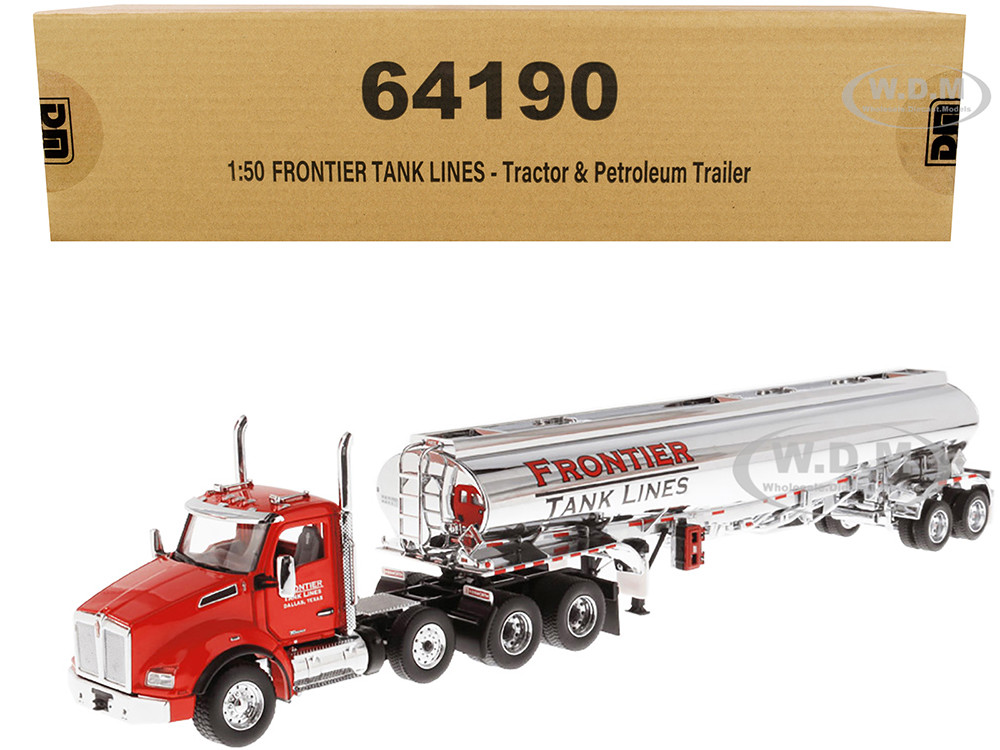 Kenworth T880 SBFA Tandem Day Cab Truck with Pusher Axle and Heil FD9300/DT-C4 Petroleum Tanker Trailer "Frontier Tank Lines" Red and Chrome "Transport Series" Limited Edition to 500 pieces Worldwide 1/50 Diecast Model by Diecast Masters diecast model