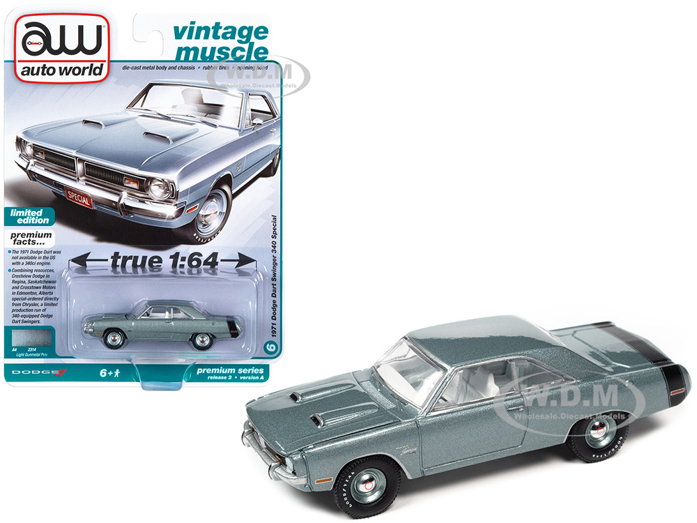 1971 Dodge Dart Swinger 340 Special Light Gunmetal Gray Metallic with Black Tail Stripe "Vintage Muscle" Limited Edition 1/64 Diecast Model Car by Auto World diecast model