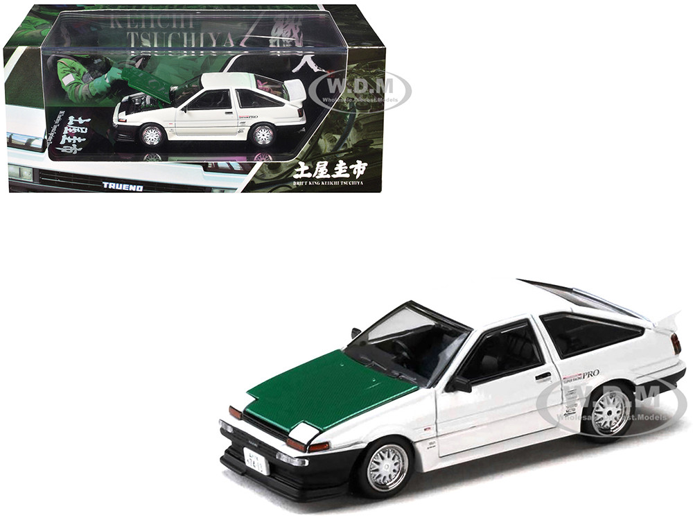 Toyota Sprinter Trueno (AE86) RHD (Right Hand Drive) "Keiichi Tsuchiya - Dori Dori Mesh Wheels" White with Green Carbon Hood 1/64 Diecast Model Car by Hobby Japan diecast model