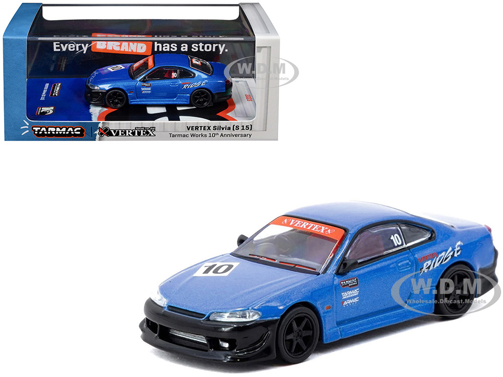Nissan Vertex Silvia (S15) RHD (Right Hand Drive) #10 "Tarmac Works 10th Anniversary" Blue Metallic "Global64" Series 1/64 Diecast Model Car by Tarmac Works diecast model