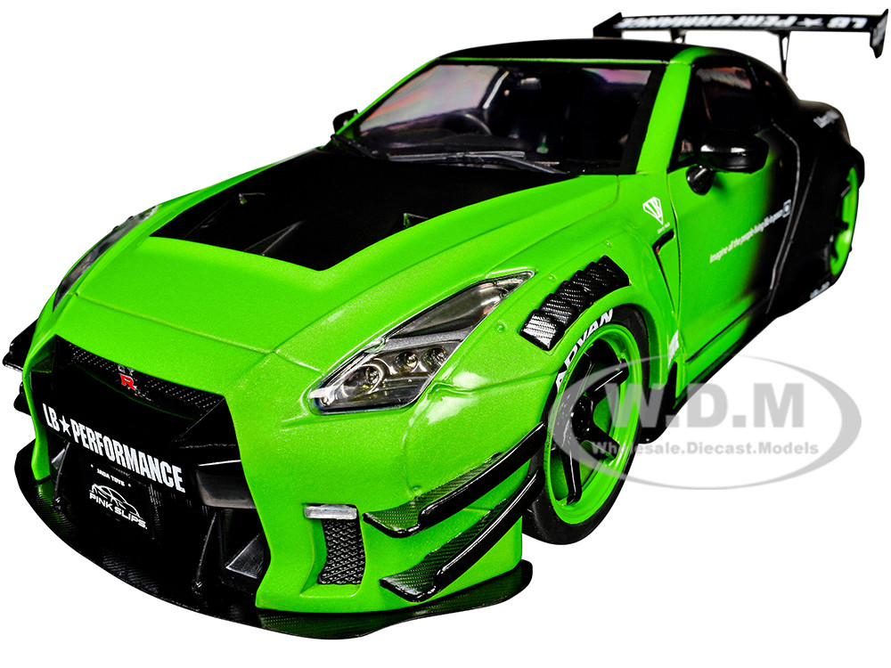Nissan GT-R (R35) Liberty Walk Body Kit 2.0 RHD (Right Hand Drive) Green and Matt Black "Pink Slips" Series 1/18 Diecast Model Car by Jada diecast model