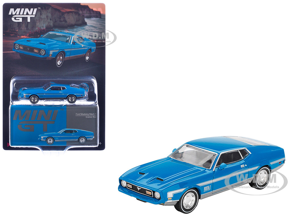 Ford Mustang Mach 1 Grabber Blue with Silver Stripes Limited Edition 1/64 Diecast Model Car by Mini GT diecast model