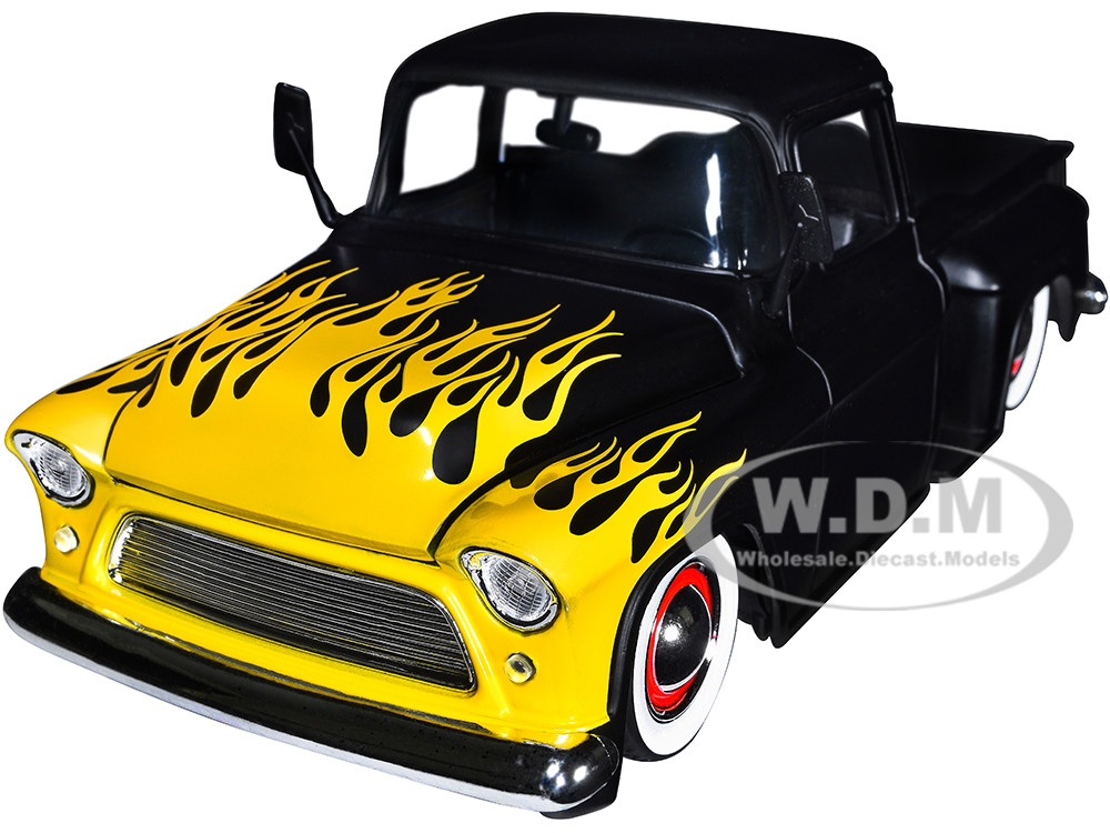 1955 Chevrolet Stepside Pickup Truck Matt Black with Yellow Flames "Just Trucks" Series 1/24 Diecast Model Car by Jada diecast model
