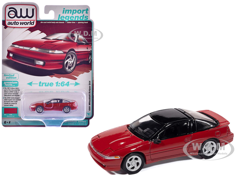 1991 Mitsubishi Eclipse GSX Maranello Red with Black Top "Import Legends" Series 1/64 Diecast Model Car by Auto World diecast model