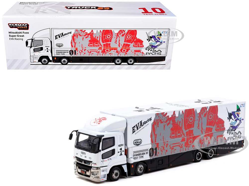 Mitsubishi Fuso Super Great Truck with Transporter "EVA Racing" White with Graphics "Truck64" Series 1/64 Diecast Model Car by Tarmac Works diecast model