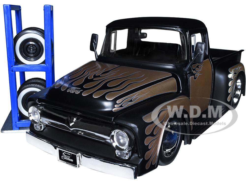 1956 Ford F-100 Pickup Truck Matt Black and Champagne with Flames with Extra Wheels "Just Trucks" Series 1/24 Diecast Model Car by Jada diecast model