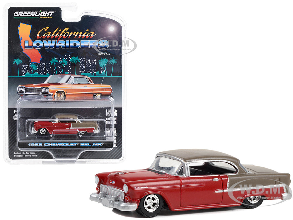 1955 Chevrolet Bel Air Lowrider Ruby Red and Matt Bronze "California Lowriders" Series 3 1/64 Diecast Model Car by Greenlight diecast model